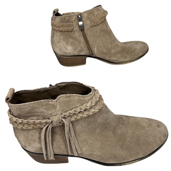Michael Shannon Suede Mallory Booties Womens Beige Braided Leather Tassel Size 8 - Picture 2 of 10